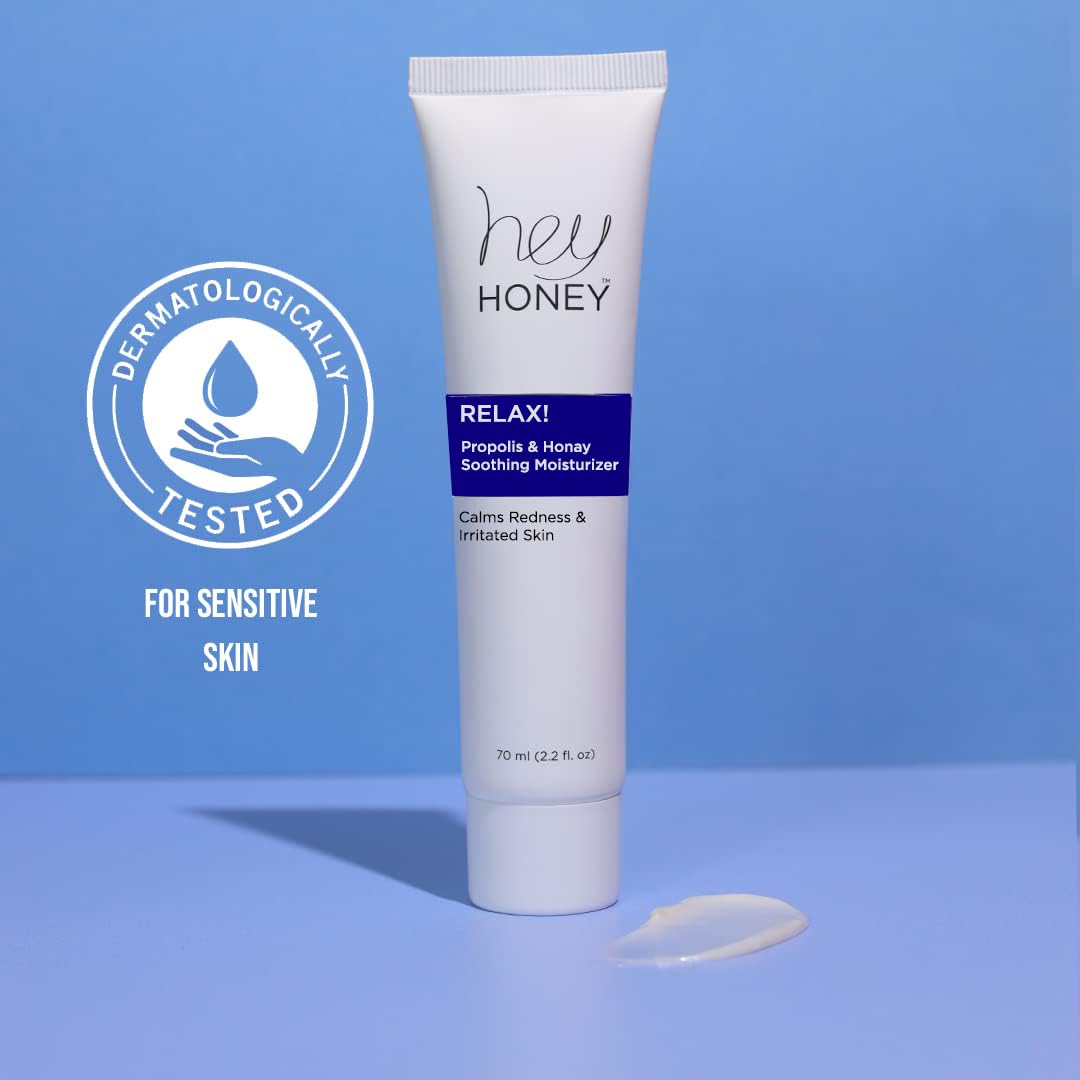 Hey Honey Skincare Relax - Instant Rosacea Relief Cream for Sensitive Skin | Calming Face Moisturizer for Facial Redness & Irritation | Dermatologist Tested, Oil-Free with Honey & Propolis | 2.2 Oz