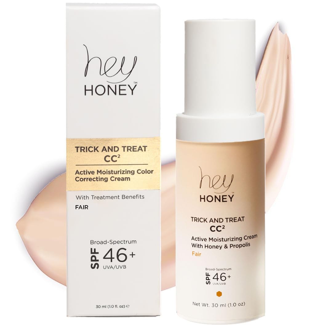 Hey Honey Trick and Treat CC Cream SPF 46 | Active Moisturizing Color Correcting Cream with Honey & Propolis | Best Cover For Rosacea, Skin Redness & Mature Skin | Cruelty-Free | 1 oz (Light-Medium)