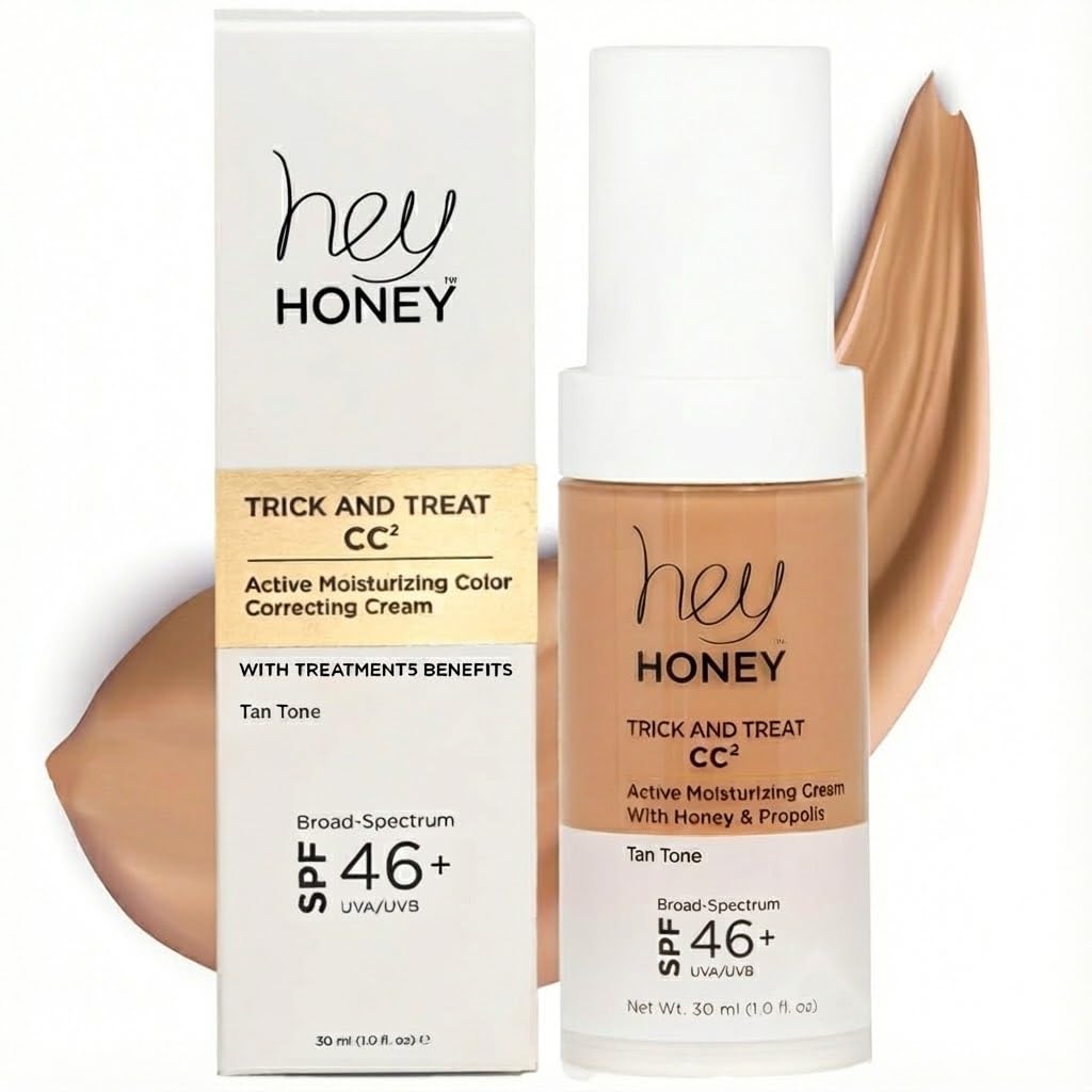 Hey Honey Trick and Treat CC Cream SPF 46 | Active Moisturizing Color Correcting Cream with Honey & Propolis | Best Cover For Rosacea, Skin Redness & Mature Skin | Cruelty-Free | 1 oz (Light-Medium)