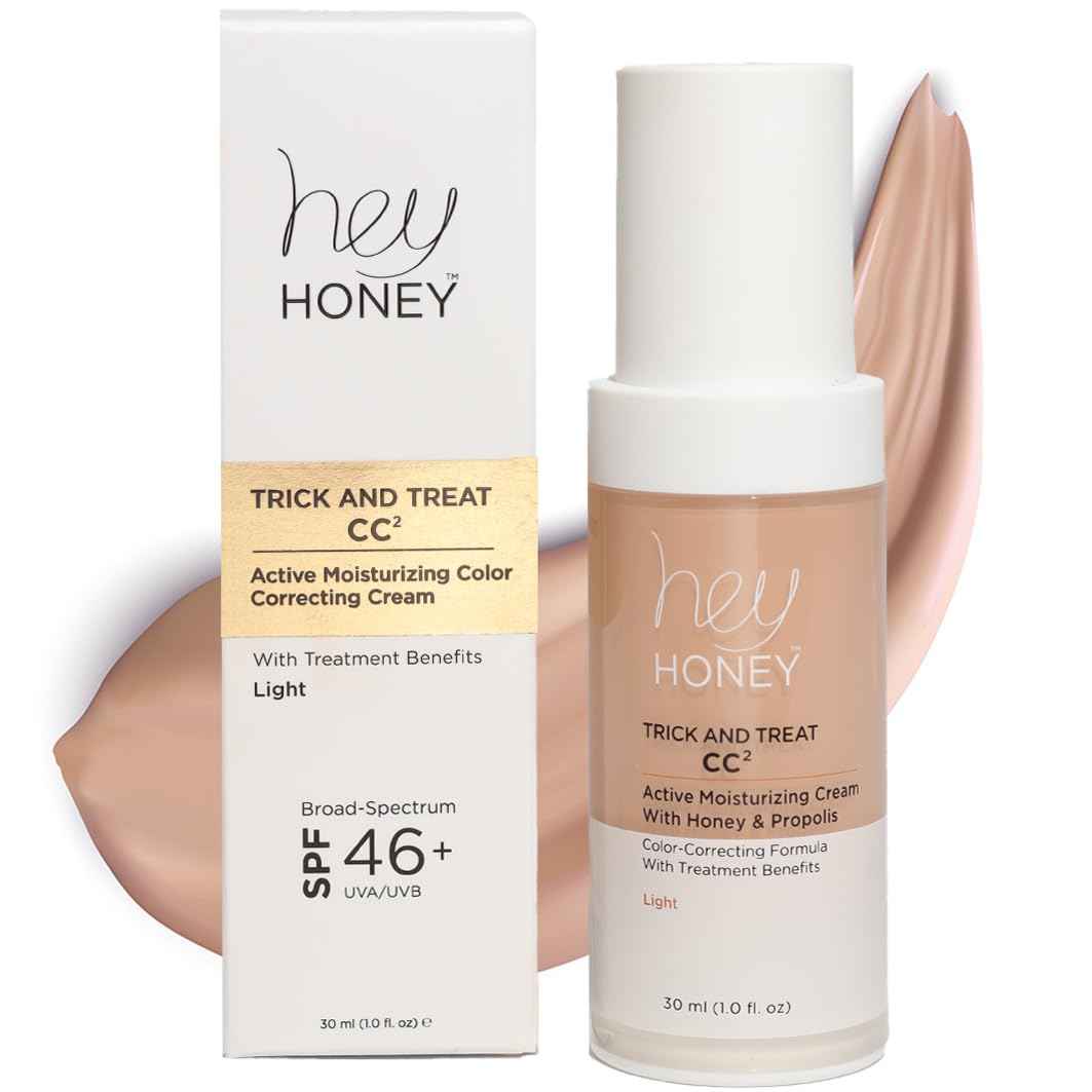 Hey Honey Trick and Treat CC Cream SPF 46 | Active Moisturizing Color Correcting Cream with Honey & Propolis | Best Cover For Rosacea, Skin Redness & Mature Skin | Cruelty-Free | 1 oz (Light-Medium)