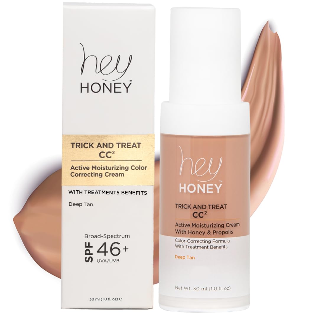 Hey Honey Trick and Treat CC Cream SPF 46 | Active Moisturizing Color Correcting Cream with Honey & Propolis | Best Cover For Rosacea, Skin Redness & Mature Skin | Cruelty-Free | 1 oz (Light-Medium)
